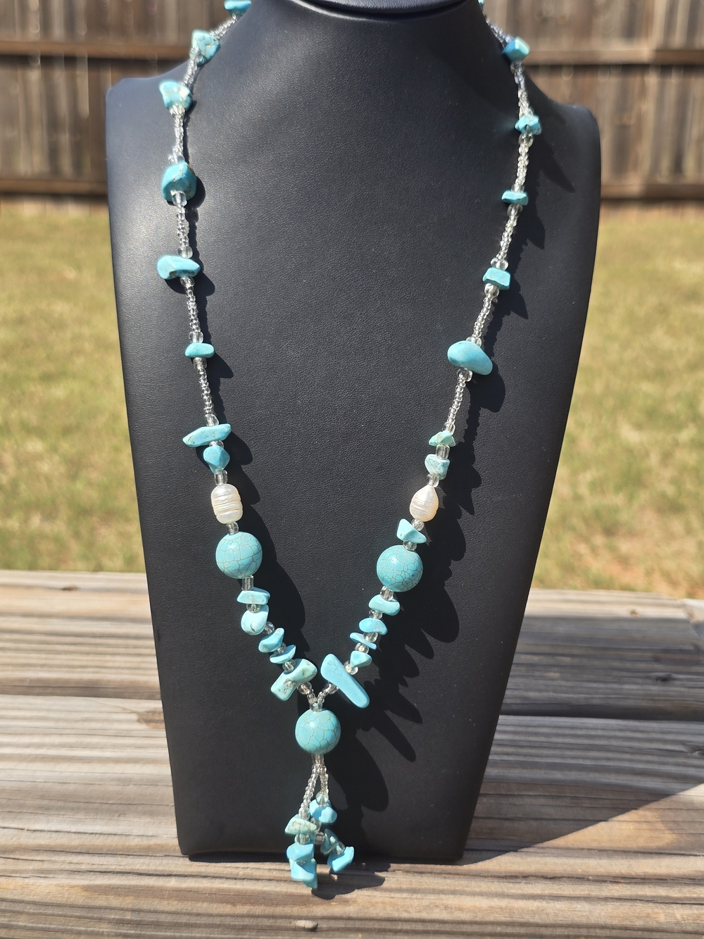 ✨ Vintage Artisan Turquoise Chunk & Freshwater Pearl Tassel Y-Necklace ✨